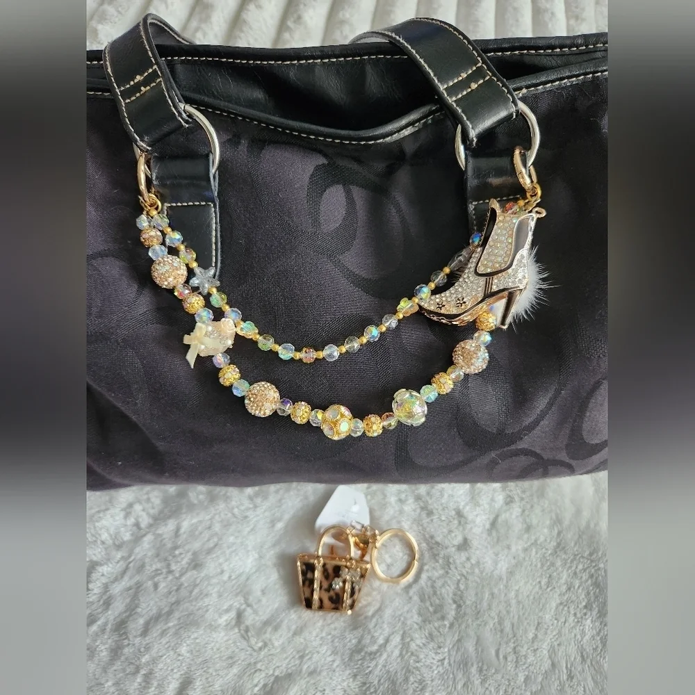 Gold and Brown Beaded Bag Charm Chain And Keychain Set Studded Boot Animal Print
